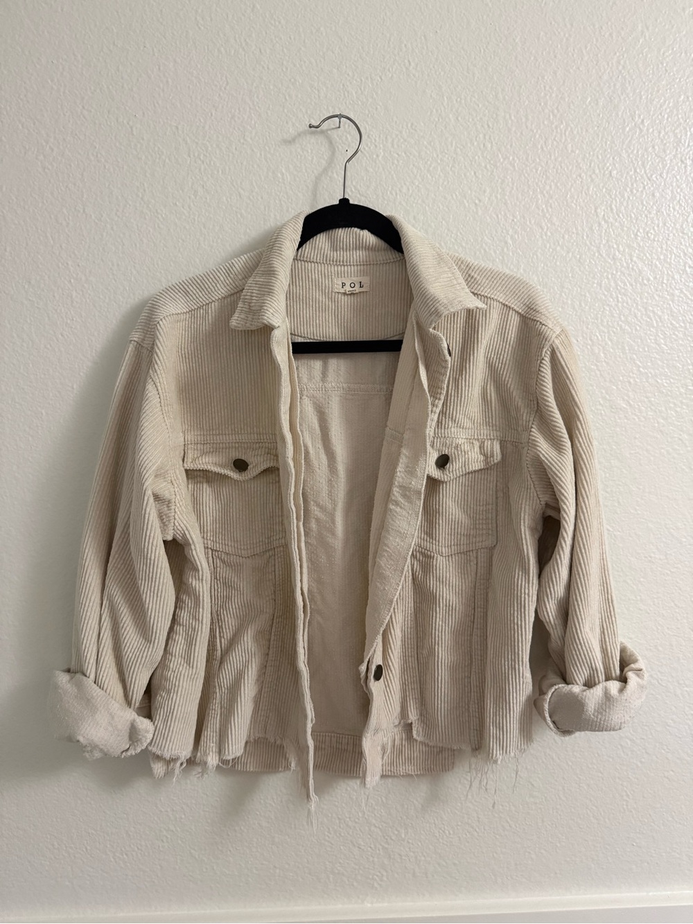 POL Cream Corduroy Trucker Jacket with Frayed Hem
